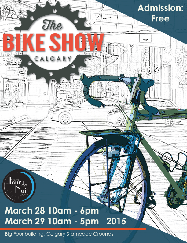 A poster to promote the calgary bike show on March 28th and 29th from 10am to 6pm at the Big Four Building.